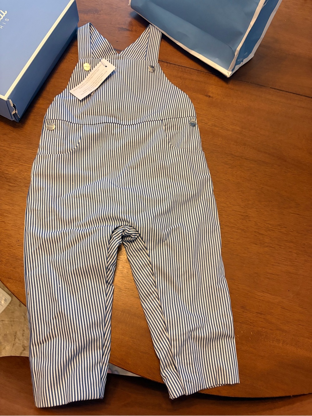 Jacadi Blue and White Pinstripe Baby Overalls